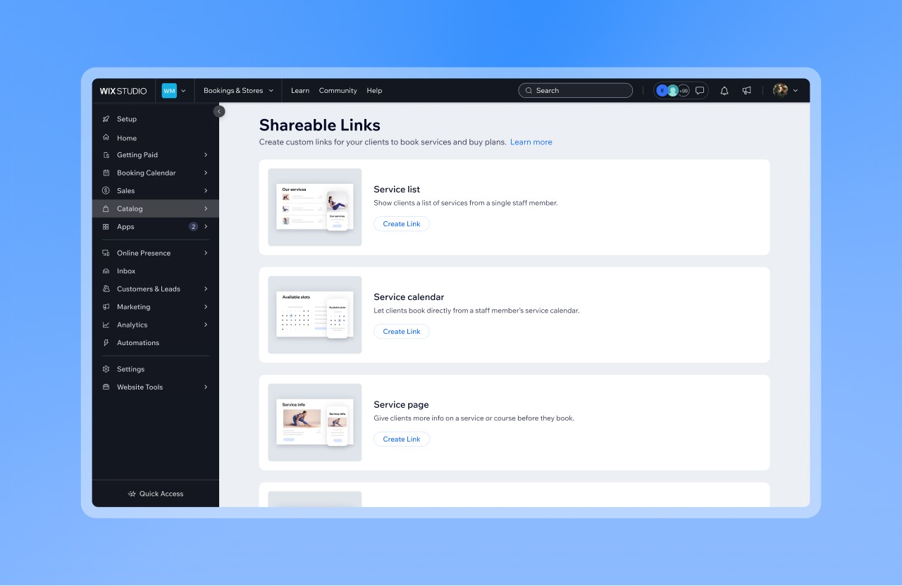 Shareable Bookings Links product screens