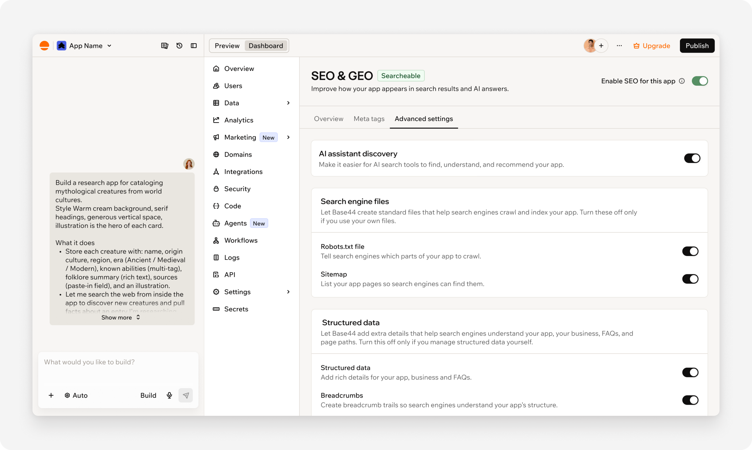 Advanced SEO settings grouped into AI assistant discovery, search engine files, and structured data